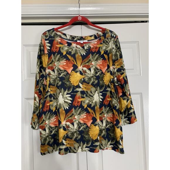 Chicos 3/4 Sleeve Knit Floral Fall Colors Top Size 4 Or XXL Pima Cotton - Picture 1 of 6